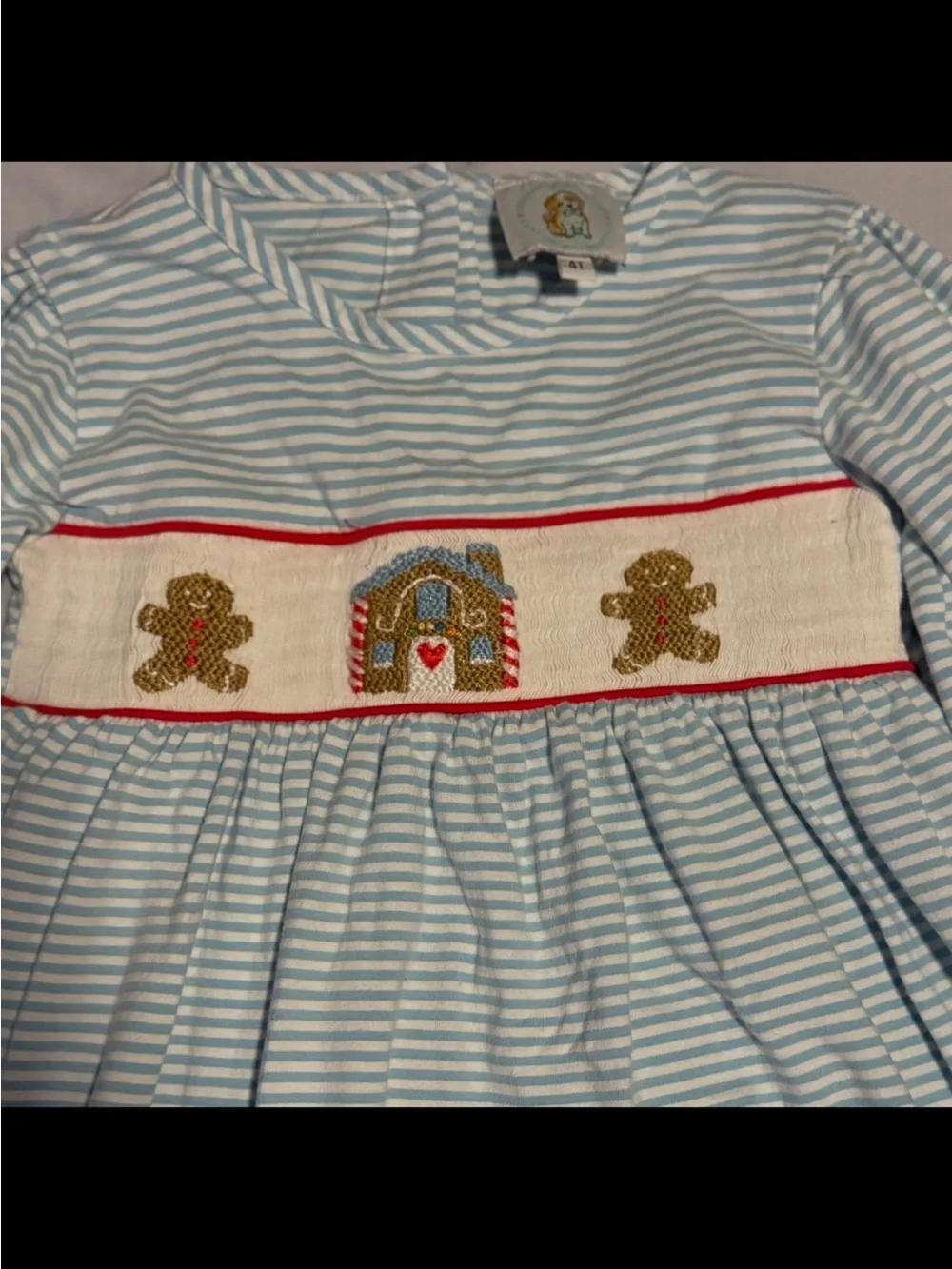Smocking Dog: Girls Blue Stripe Smocked Gingerbread Dress